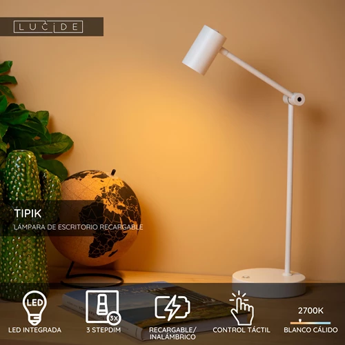 Lucide TIPIK - Lámpara de escritorio Recargable - Batería/acumulador - LED 3 StepDim - 1x3W 2700K - Blanco - USP